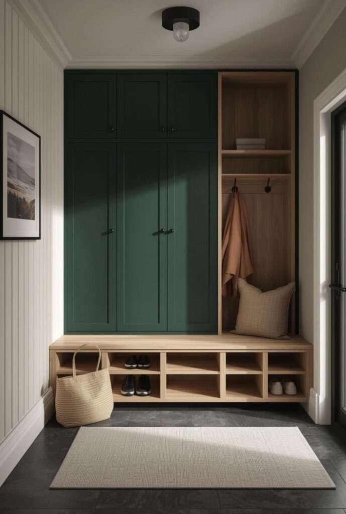 Mudroom Wall Lockers With Bench And Pull-Out Shoe Trays