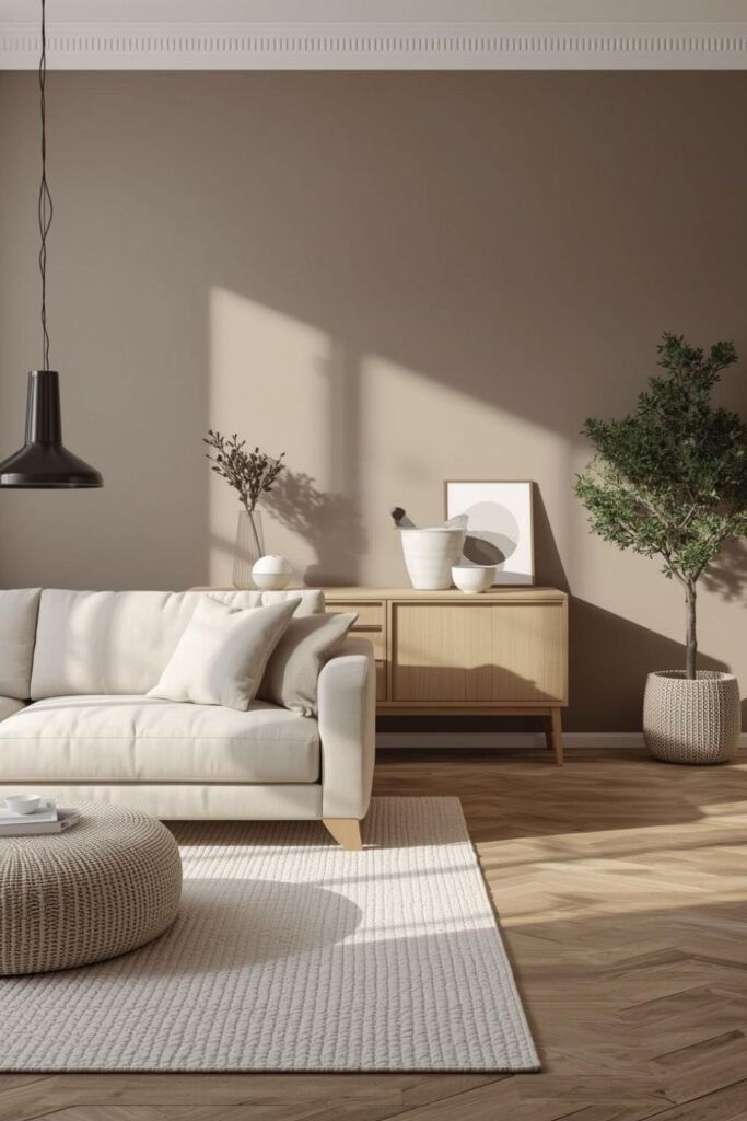 Mushroom Taupe Walls with Textured Cream Rug and Black Lighting