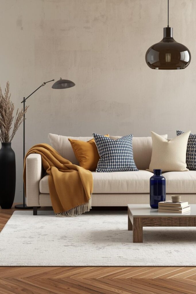 Mustard and Indigo Boho Mix With Patterned Pillows and Oak