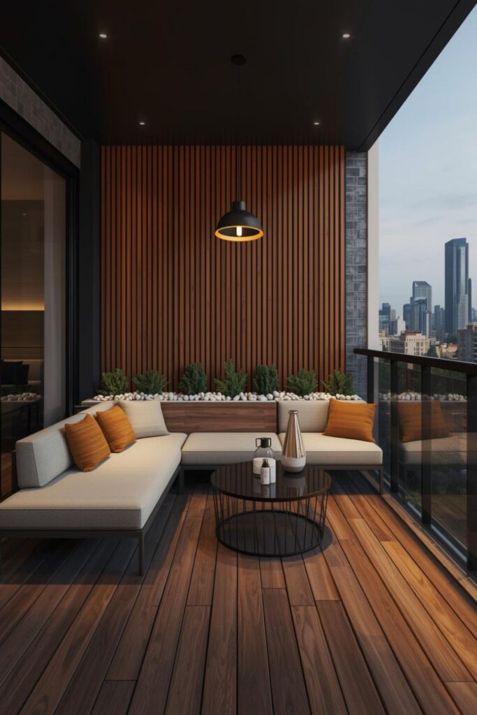Mustard and Walnut Balcony Lounge with Slat Wall Planter