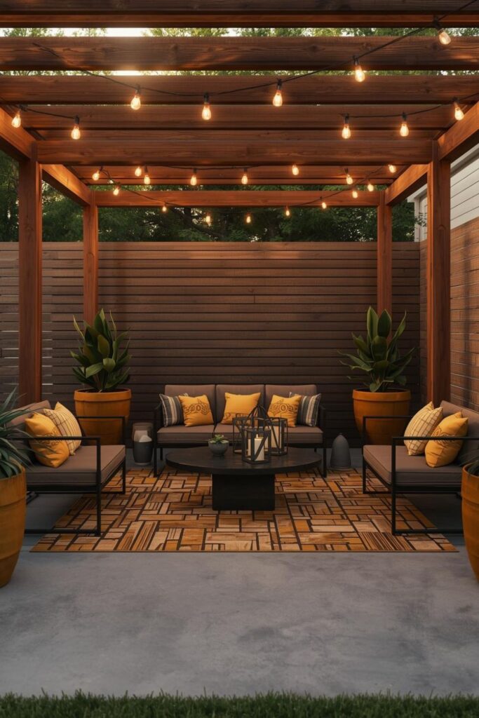 Mustard pillows elevate brown outdoor seating under warm pergola lights.
