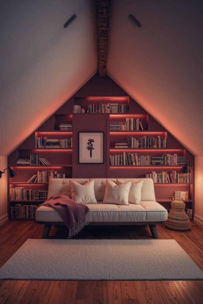 Muted Plum Scalloped Shelves with Bright Backlit Book Display