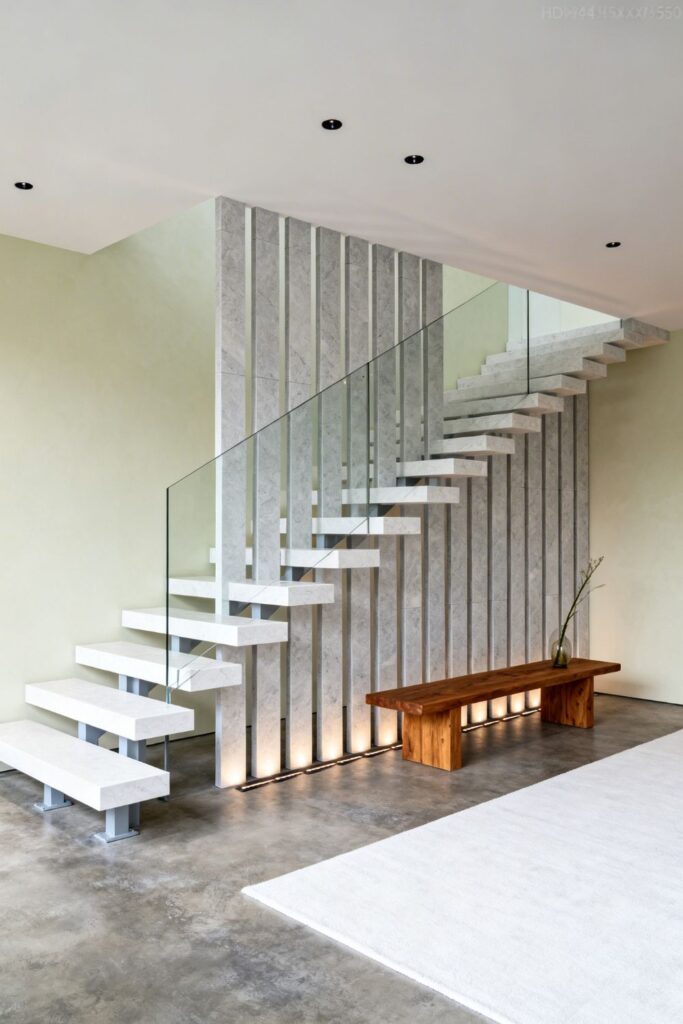 Natural Stone Fin Partition With Minimalist Floating White Steps