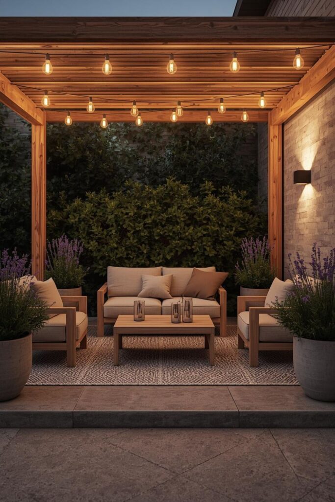 Natural Wood and Linen Pergola Lounge with Soft Neutral Layering