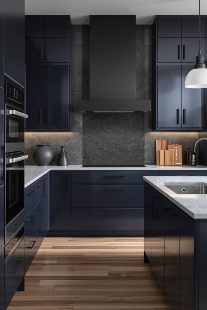 Navy Glossy Cabinets with Matte Black Hood and Stone Veins