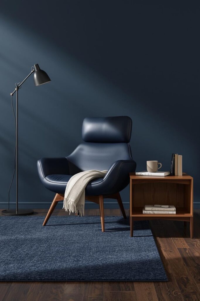 Navy-Leather Library Nook With Mid-Century Chair