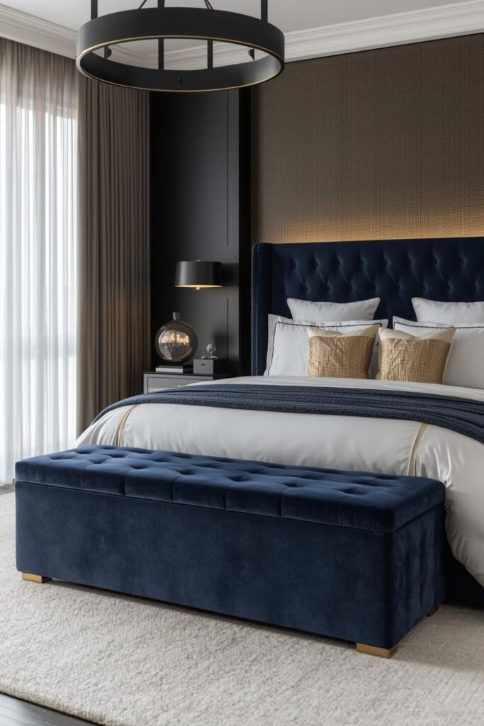 Navy Velvet Tufted Bench with Glam Hinged Storage