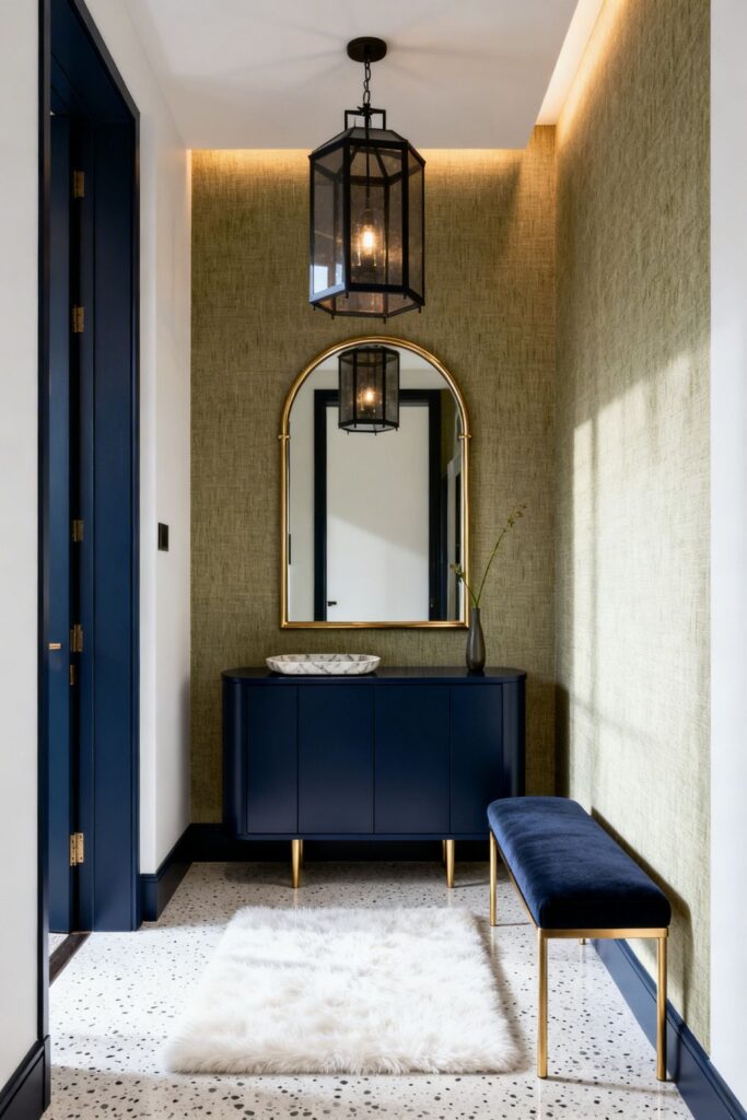 Navy and Brass Entrance With Statement Mirror and Runner