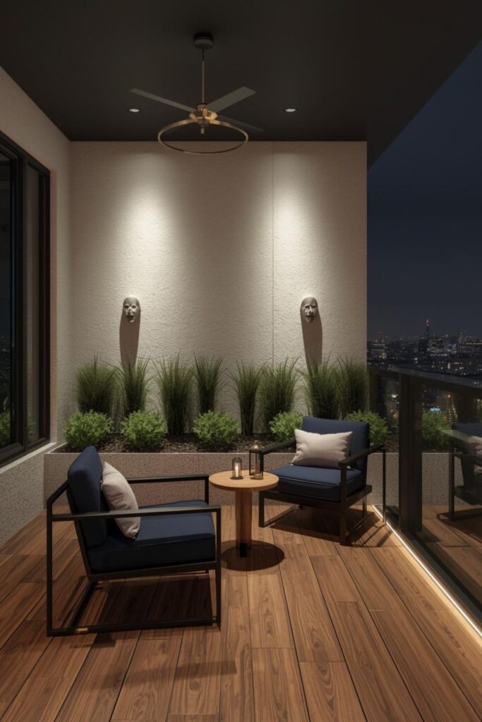 Navy and Brass Evening Balcony with Textured Wall and Tall Planters
