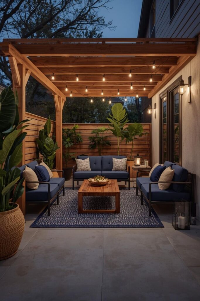 Navy and Natural Wood Pergola Setup with Crisp Contrast