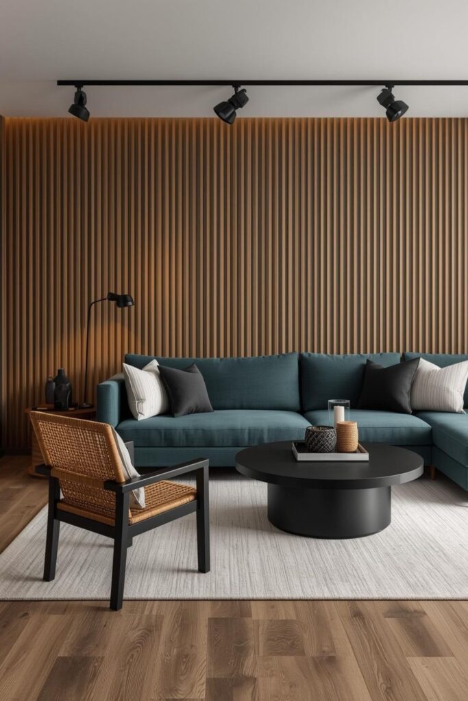 Ocean-Teal Boho Living Room With Rattan and Matte Black Lines