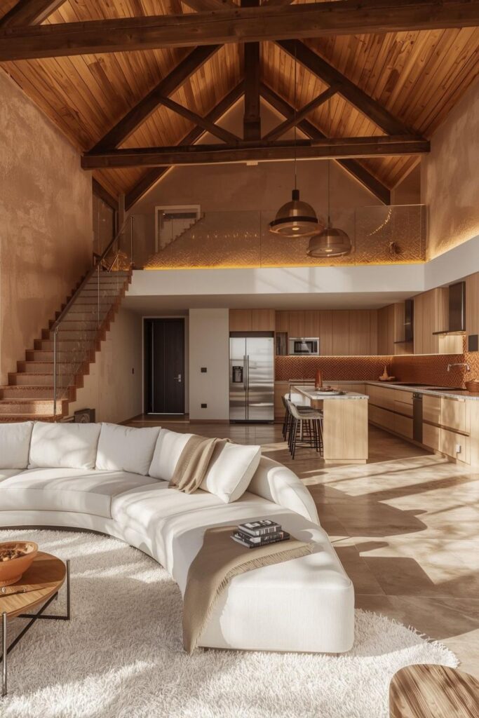 Off-White Curve Sofa With Terracotta Kitchen Tiles And Wood Beams