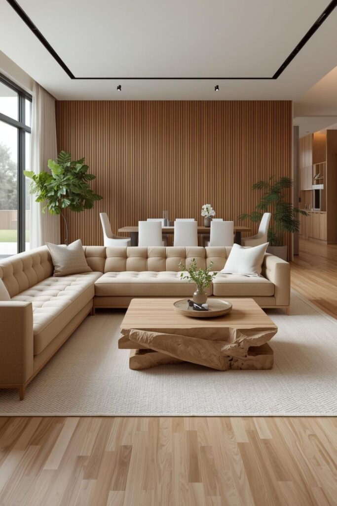 Open Concept Layout With Wood Panel Wall and Light Oak Airiness