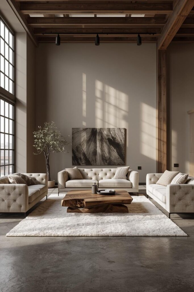 Organic Modern Loft With Exposed Beams and Teak Character