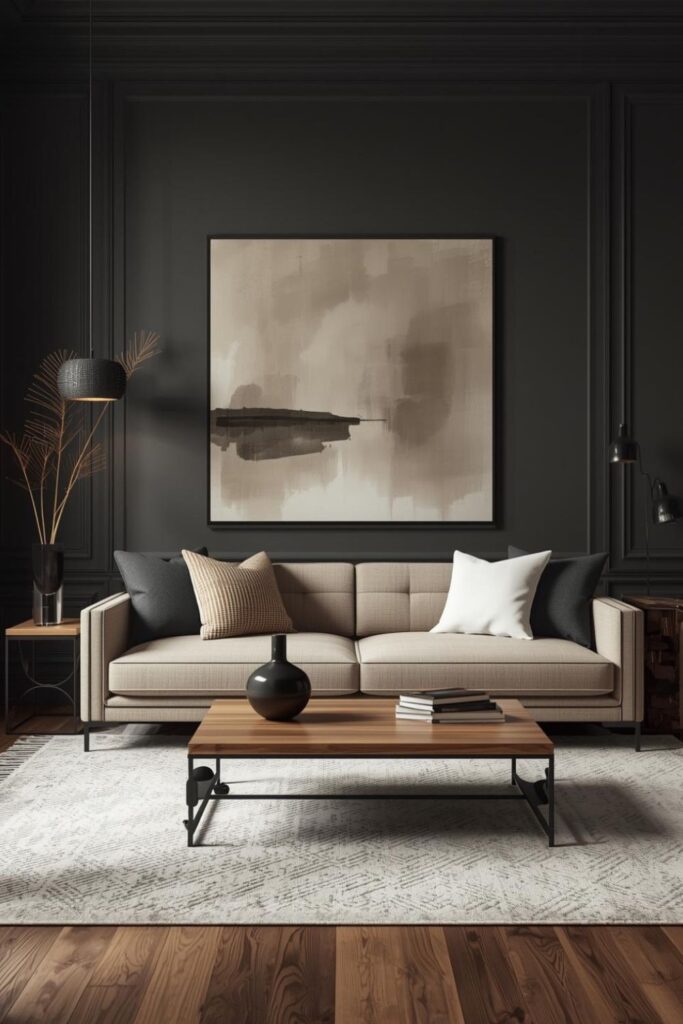 Oversized Neutral Abstract Canvas Above a Low Modern Sofa