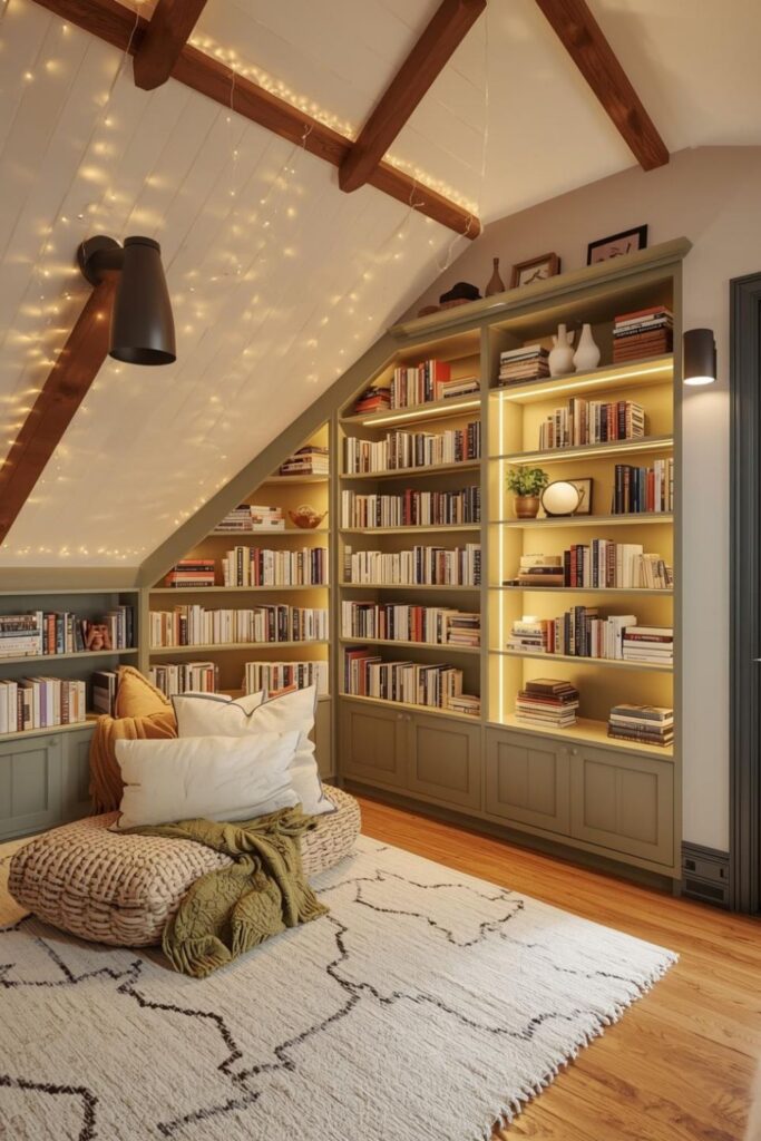 Pale Olive with Walnut Beams and Bright Vertical Shelf Lighting
