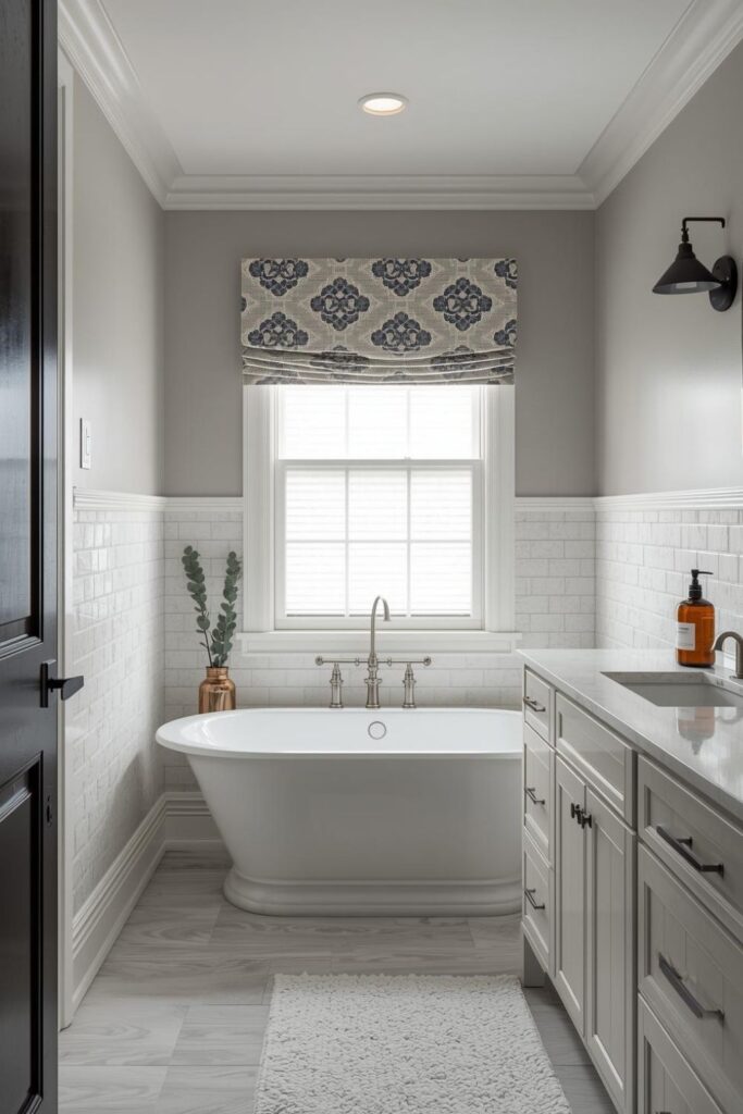 Patterned Roman-Style Valance for a Statement Bathroom Window