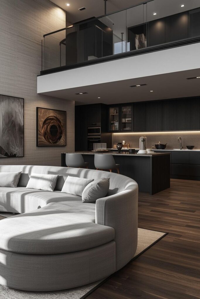 Pearl Gray Curved Sofa With Black Oak Kitchen And Ribbed Glass