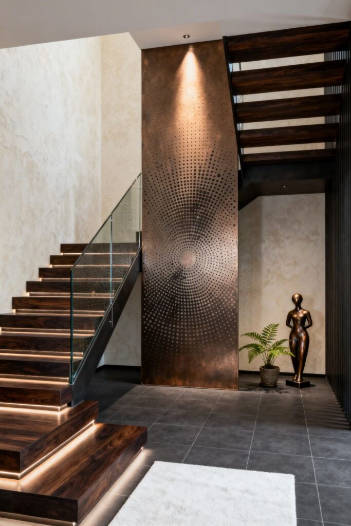 Perforated Steel Art Panel With Dark Wood Stair And Glass Rail