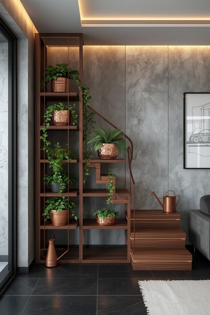 Plant Stair-Step Shelf With Copper Pots And Soft Cove Lighting