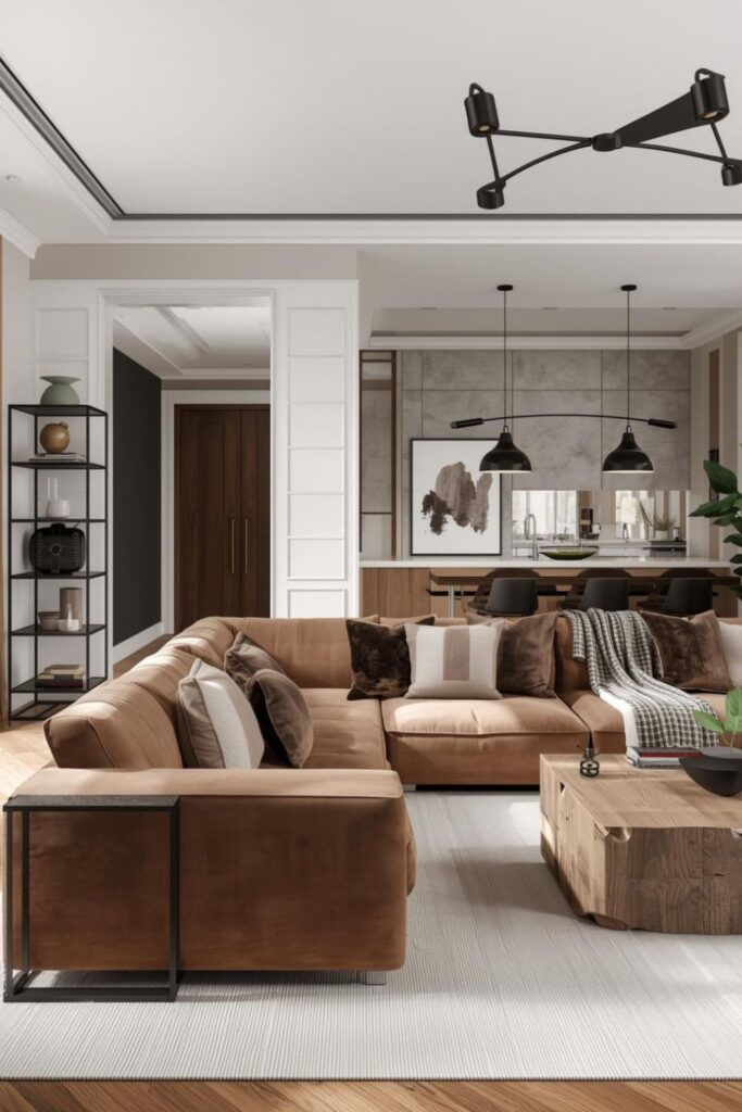 Praline Sofa with Concrete-Texture Wall and Bar-Height Dining View