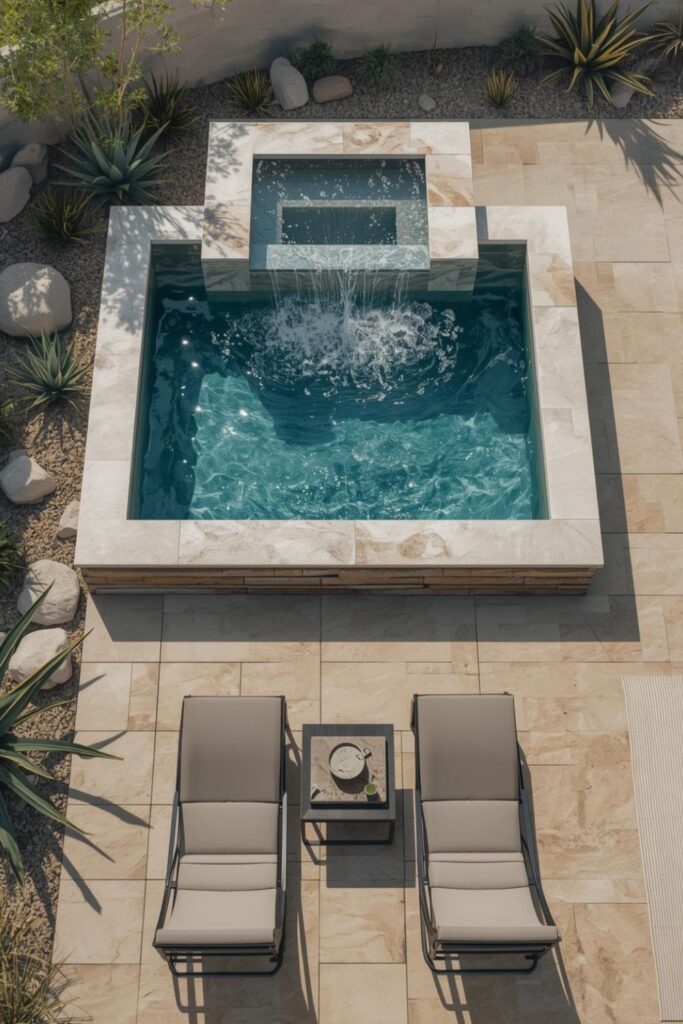 Raised Spa Spillover with Stacked Stone and Clean Coping Lines