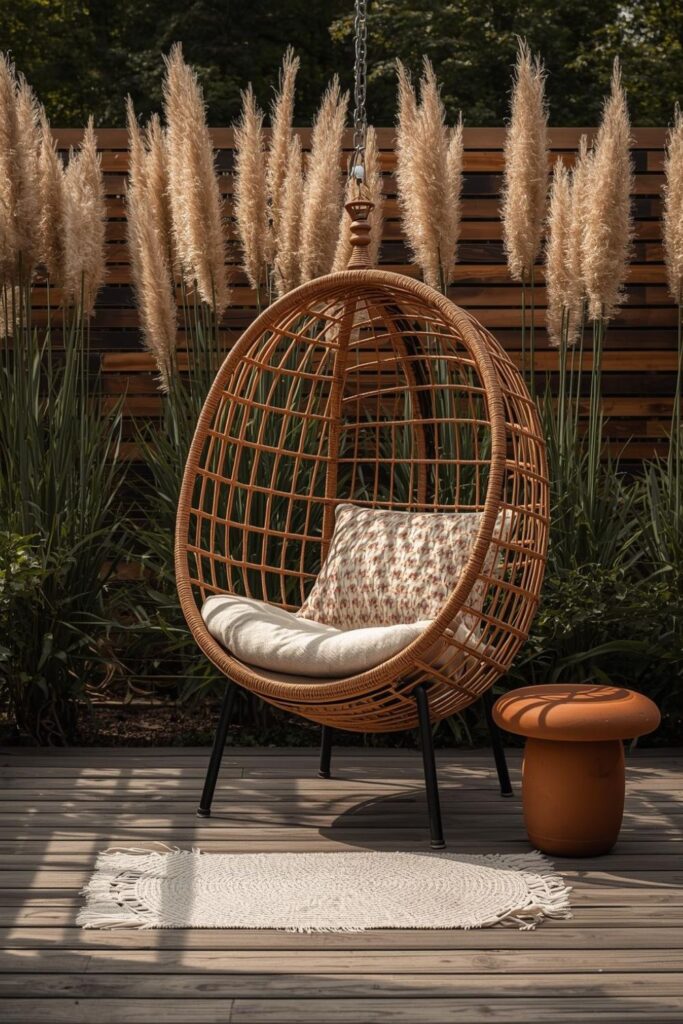 Rattan Egg Chair Hideaway With Tall Grasses and Rug