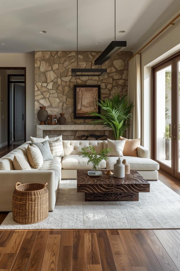 Refined Luxury Villa Space With Stone Detail Wall and Espresso Wood