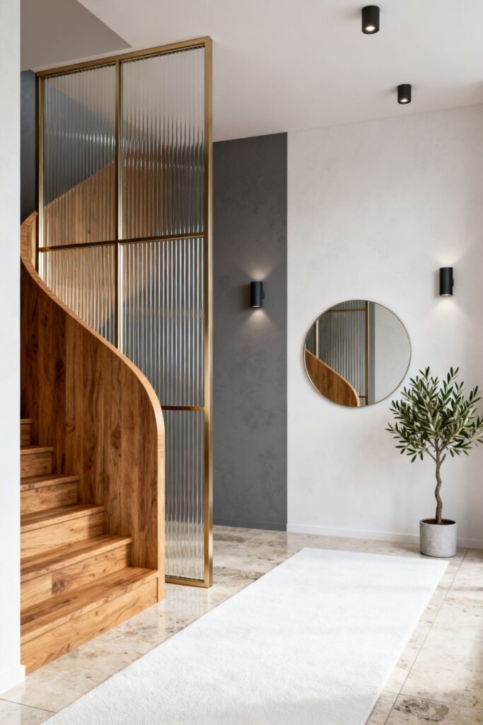 Ribbed Glass Partition Screen Beside Curved Oak Staircase