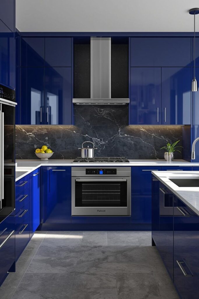 Royal Blue Gloss Kitchen with Chrome Hood and Black Stone Drama