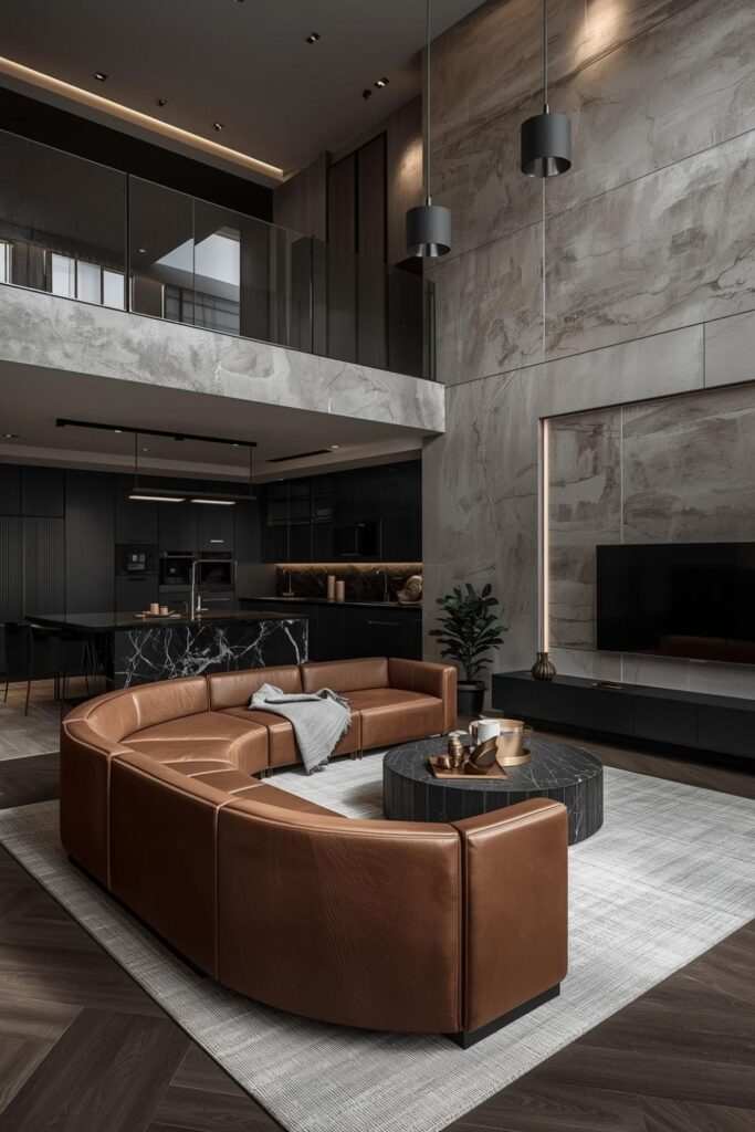 Rust Leather Curved Sectional With Black Marble Open Kitchen