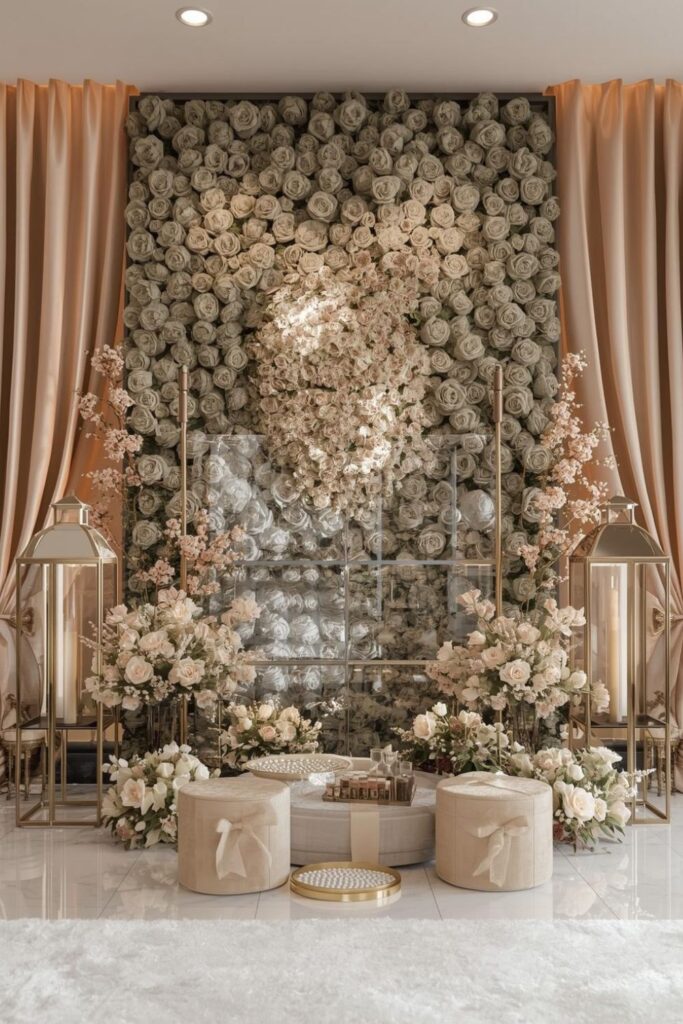 Sage And Champagne Floral Wall With Lantern Candle Corners