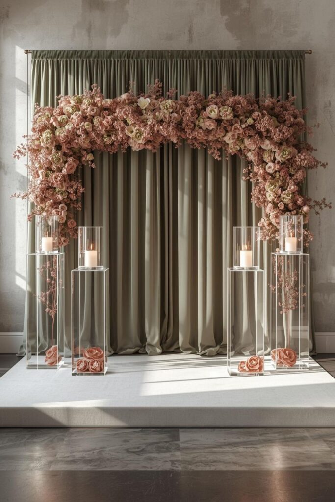 Sage And Dusty Rose Stage With Acrylic Columns And Candle Tops