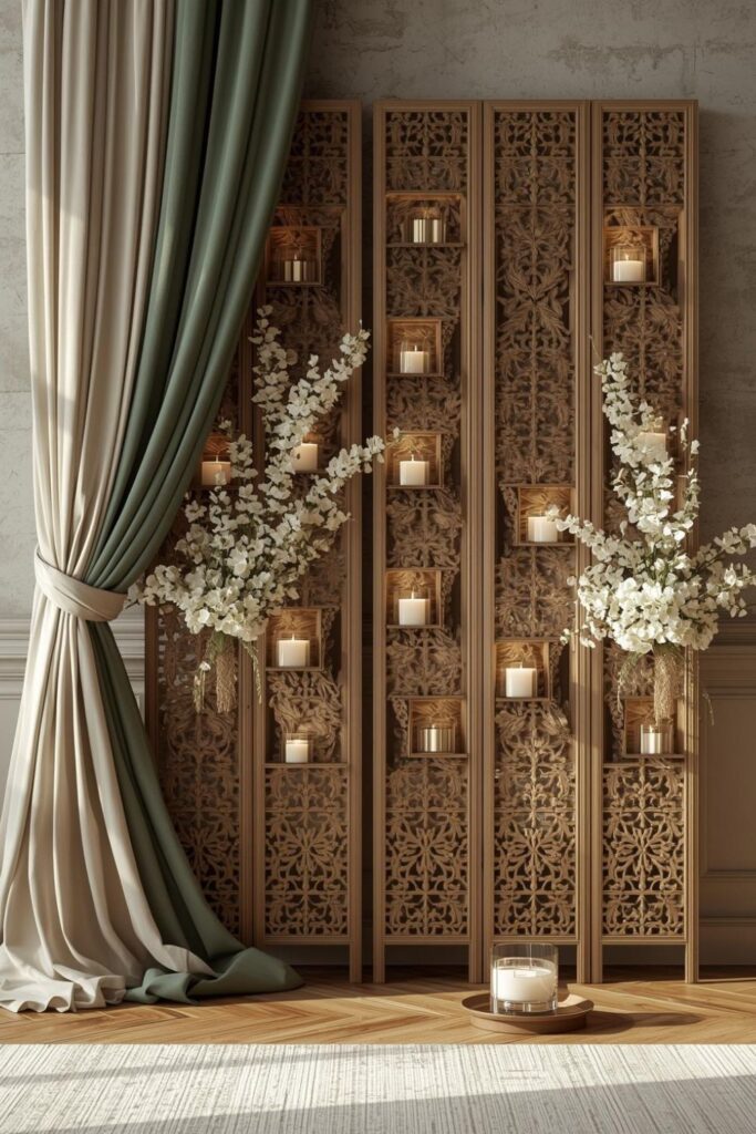 Sage And Ivory Stage With Carved Wood Screen And Candle Niches