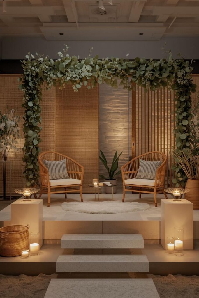 Sage Botanical Arch Stage With Wicker Lounge And Candle Bowls