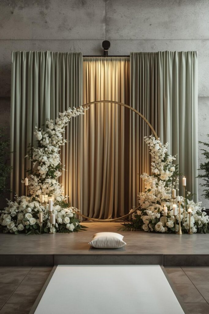 Sage Draped Wedding Stage With Gold Arch And Candle Aisle