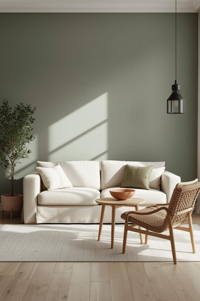 Sage Green Walls with Natural Rattan and Cream Layering