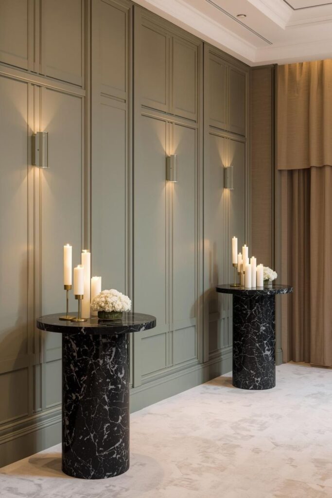 Sage Monochrome Stage With Black Marble Tables And Taper Candles