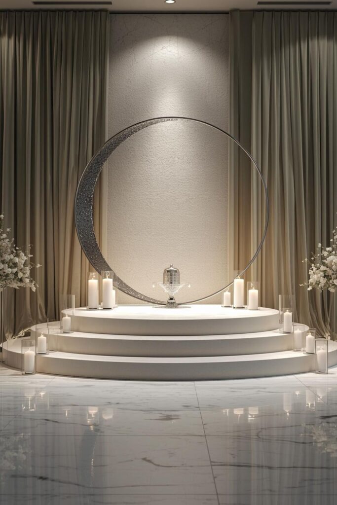 Sage Satin Stage With Silver Moon Arch And Candle Stair Steps