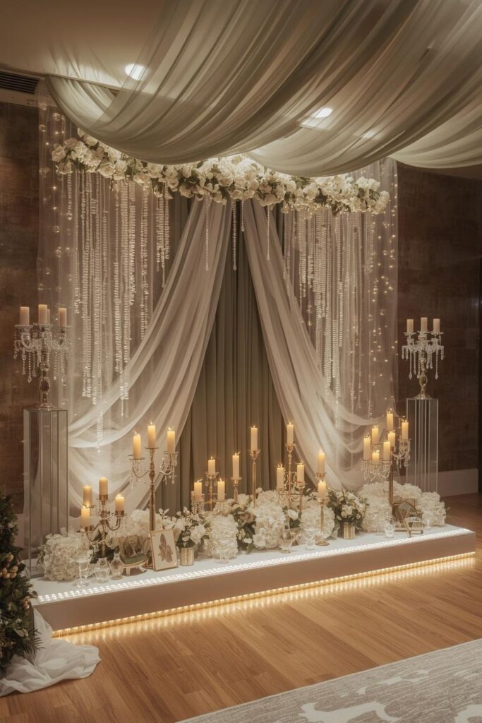 Sage Tulle Canopy Stage With Crystal Candlesticks And Pearls