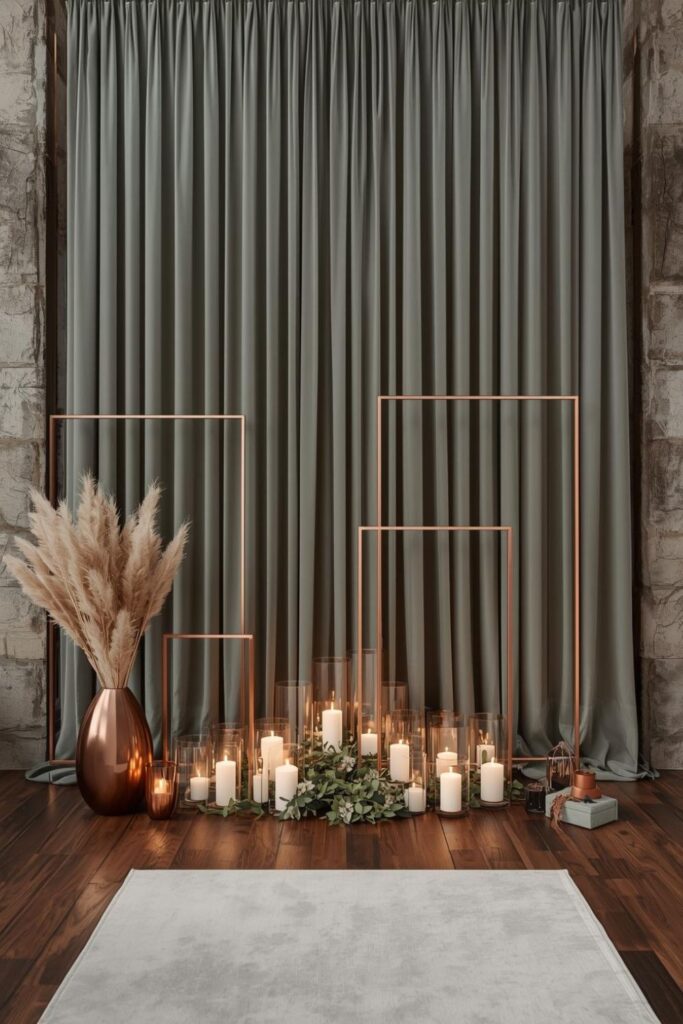 Sage Velvet Backdrop With Copper Frames And Low