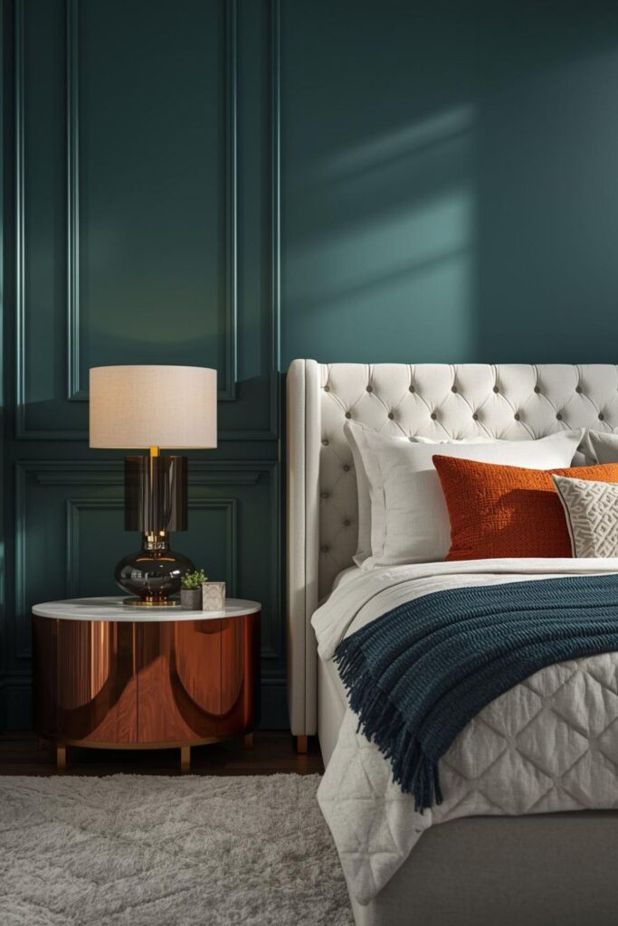 Saturated Teal Walls With Copper Orange Metallic Nightstands