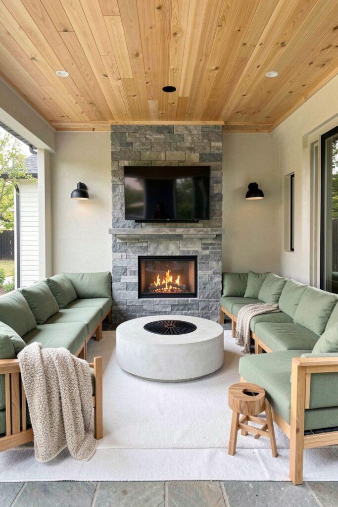 Scandinavian Stone Fireplace With Sage Sectional And Oak Details