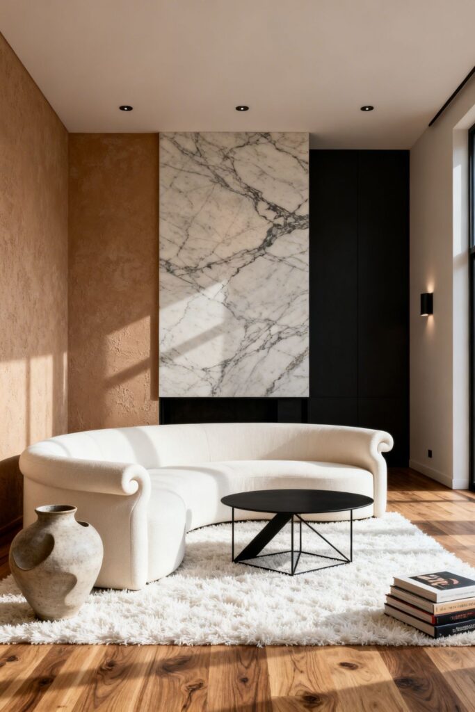 Sculptural Neutral Lounge With Marble Focus Wall and Glow