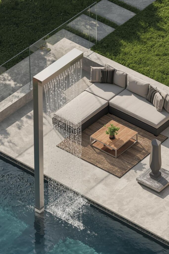 Sculptural Stainless Rain Curtain Fountain Behind a Lounge Zone