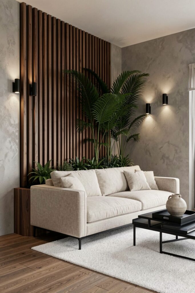 Sleek Walnut Slat Partition With Tall Indoor Palms