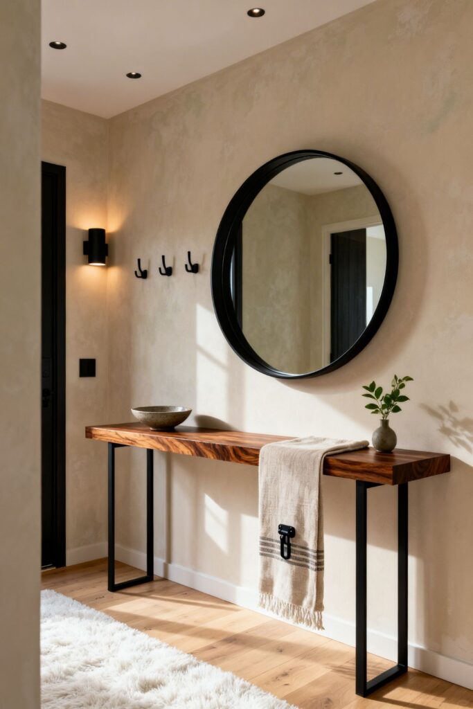 Slim Console Entryway With Round Mirror and Warm Wood