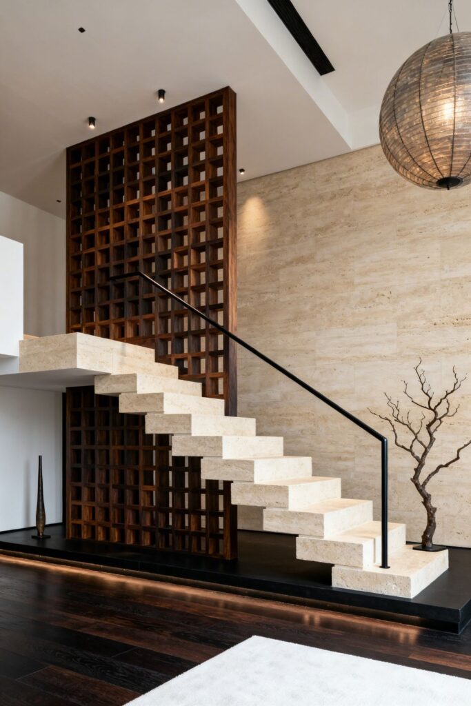 Smoked Wood Lattice Panel With Cantilevered Stone Staircase