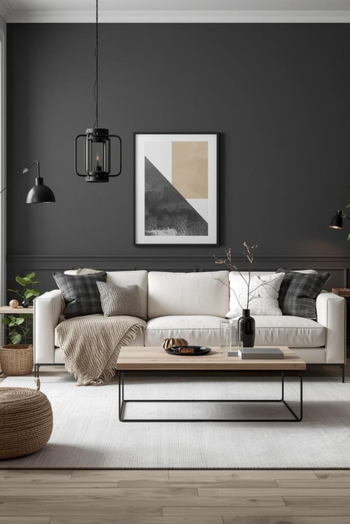 Smoky Gray Walls with White Carpet and Layered Neutral Textiles