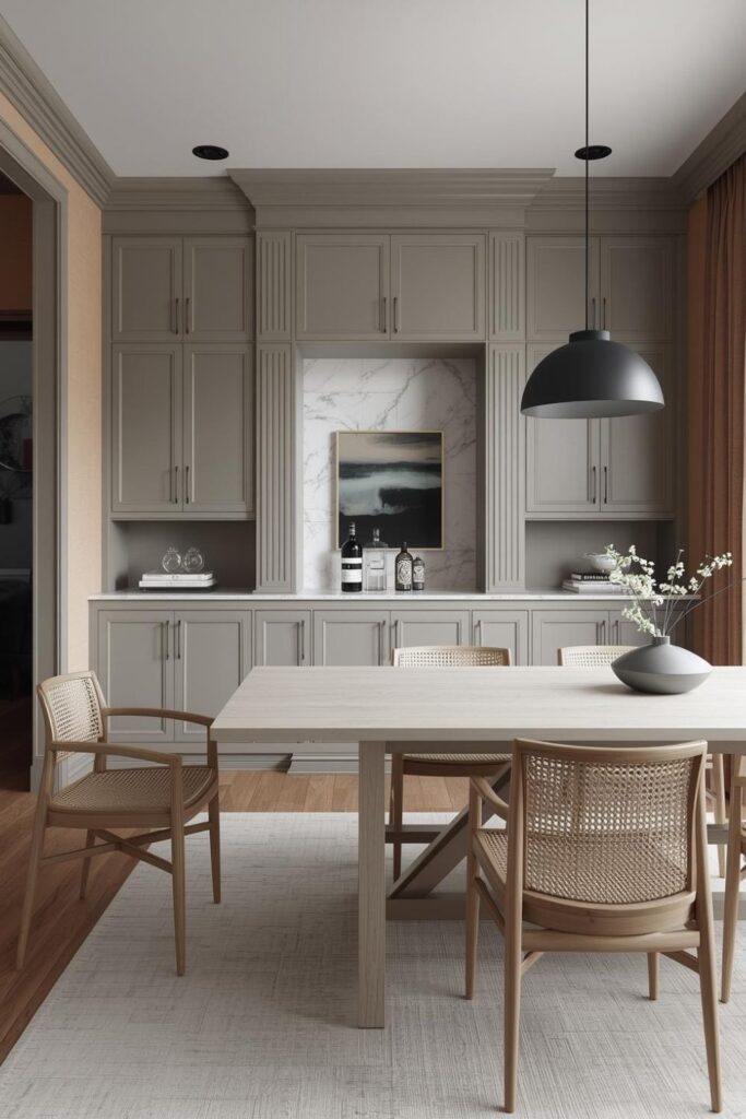 Soft Dove-Gray Built-Ins With Hidden Bar Storage